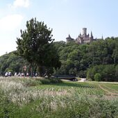 Radlergruppe hinter einem Getreidefeld in richtung der Marienburg, die auf einem Berg zu sehen ist